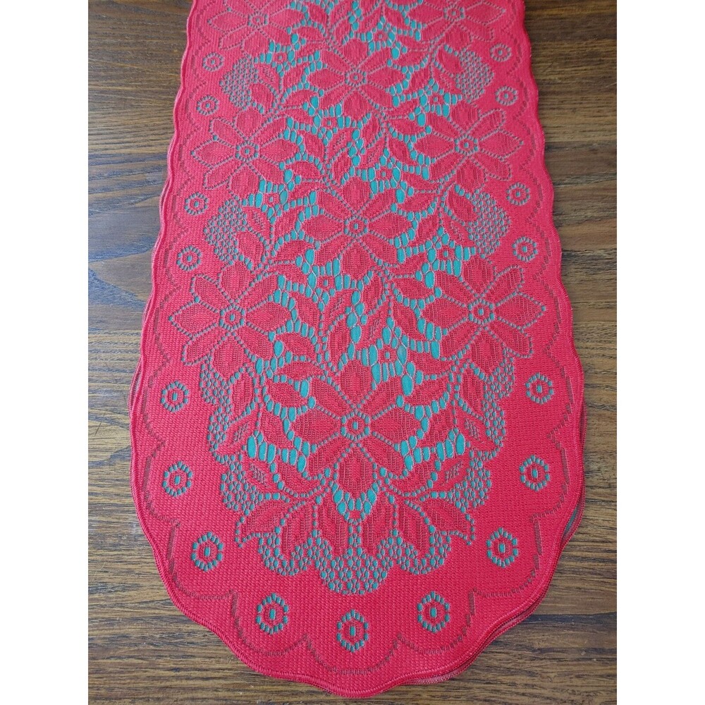 RETRO BOHO 13x52" Vintage Christmas Table Runner Lace Layers Red Lace/Green VGC